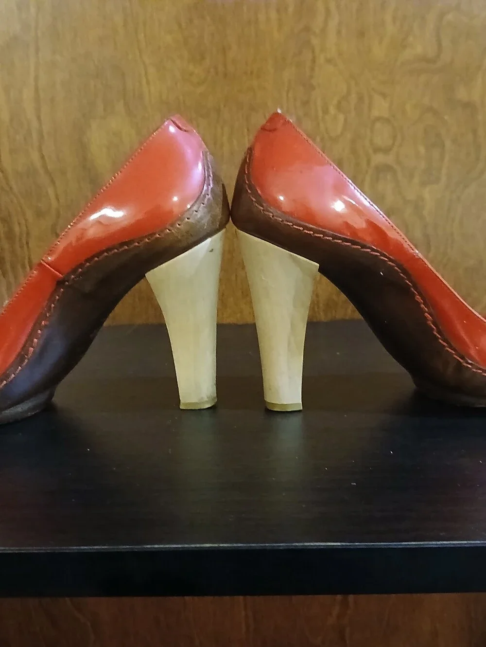 vintage CELINE red & brown patent leather wood heels